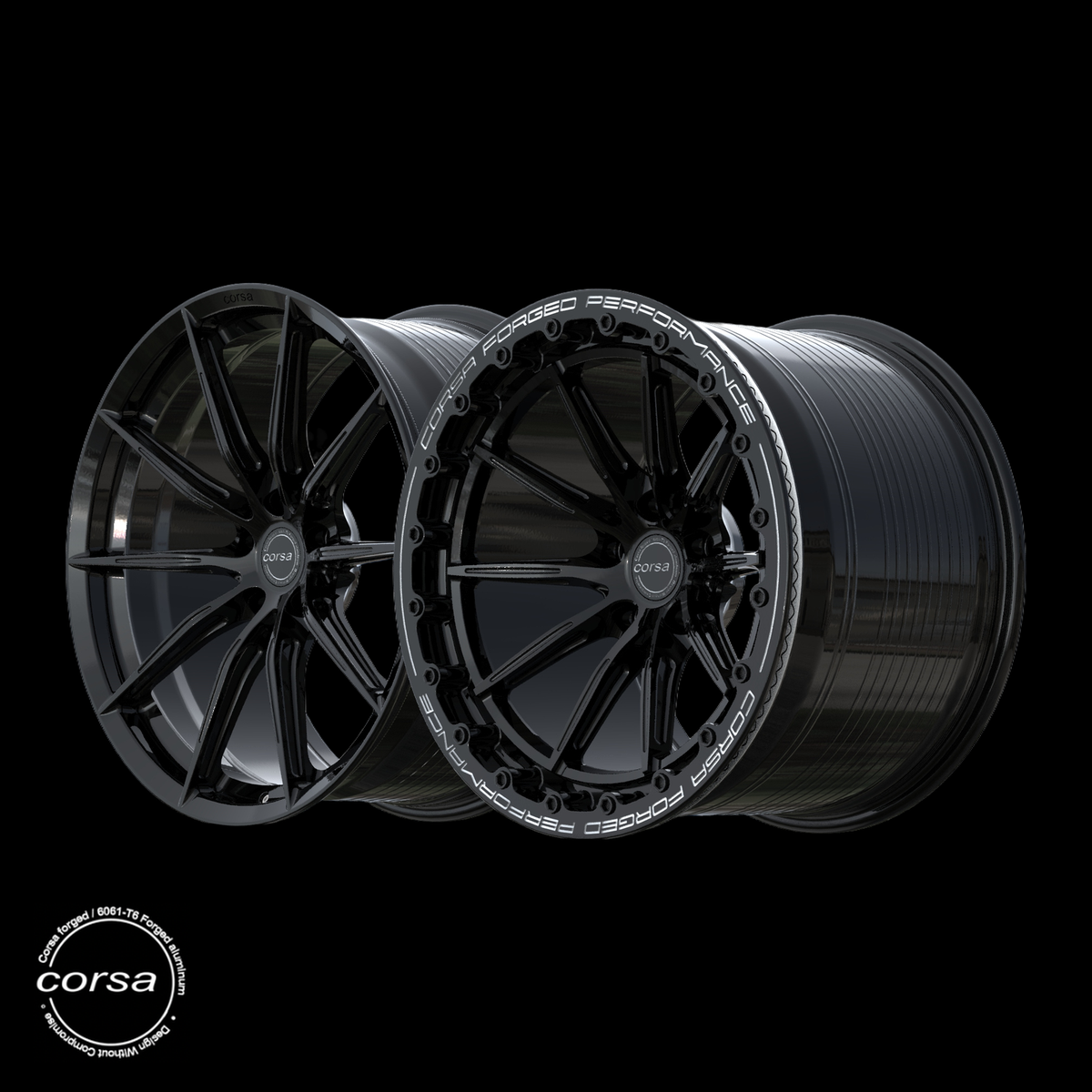 Corsa Forged RS-X Drag Pack forged wheel in Gloss Black / Black Beadlock, staggered set, three quarter view
