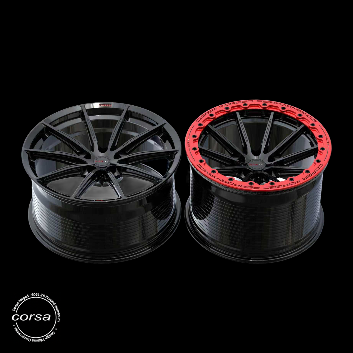 Corsa Forged RS-X Drag Pack forged wheel in Gloss Black / Red Beadlock (GTR1+), staggered set, barrel view