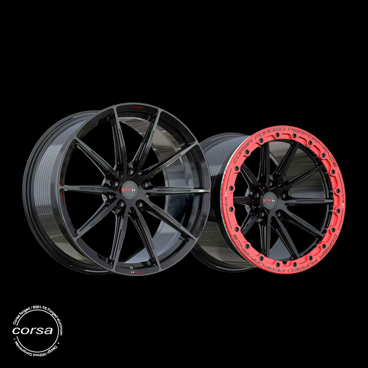 Corsa Forged RS-X Drag Pack forged wheel in Gloss Black / Red Beadlock (GTR1+), staggered set, three quarter view