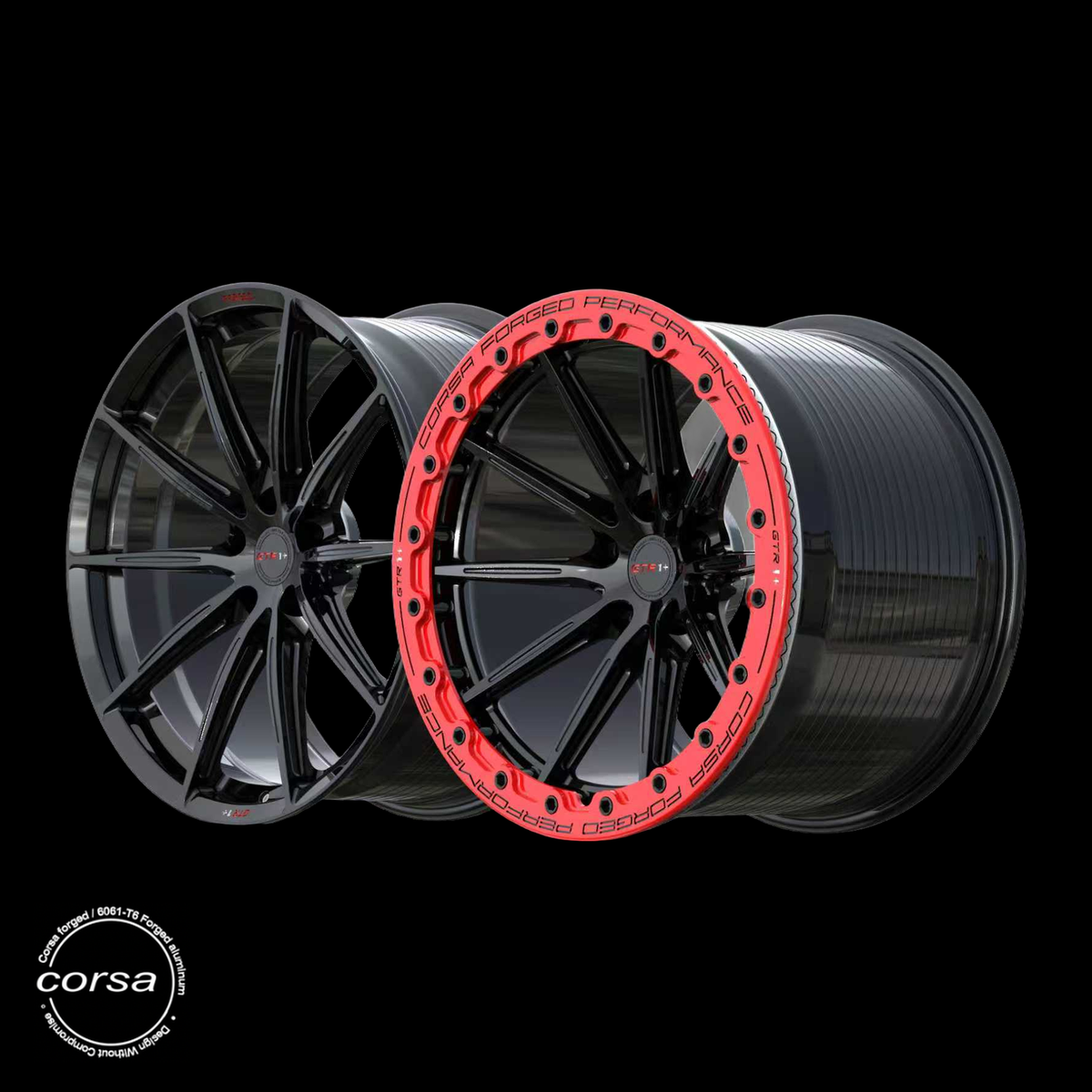 Corsa Forged RS-X Drag Pack forged wheel in Gloss Black / Red Beadlock (GTR1+), staggered set, three quarter view