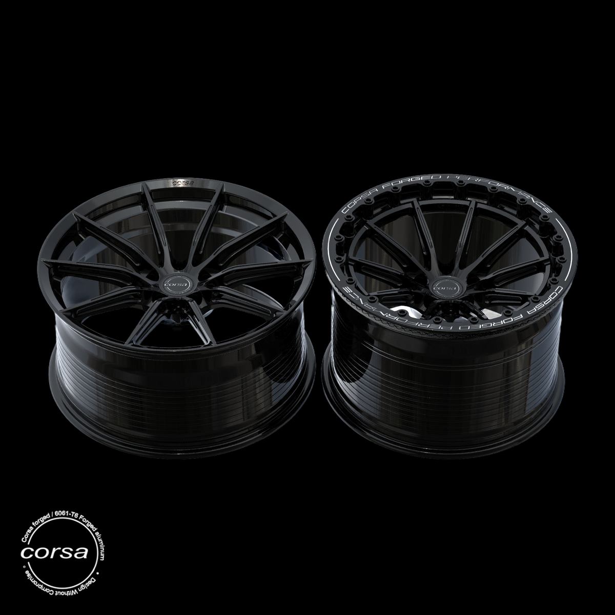 Corsa Forged RS-X Drag Pack forged wheel in Gloss Black / Black Beadlock, staggered set, barrel view