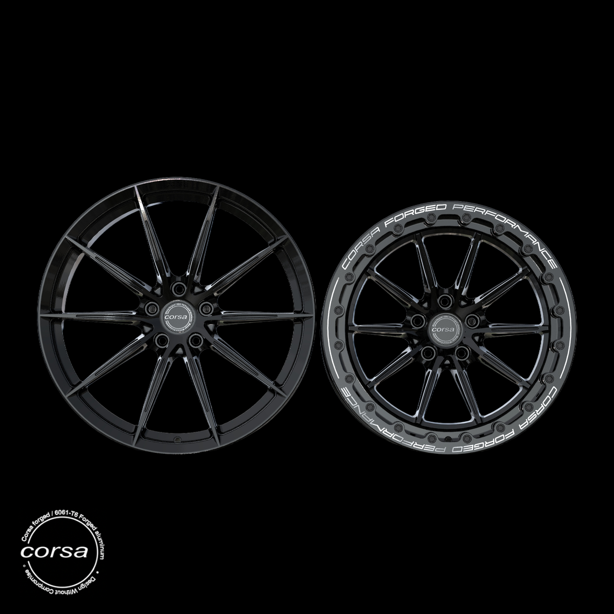 Corsa Forged RS-X Drag Pack forged wheel in Gloss Black / Black Beadlock, staggered set, face view
