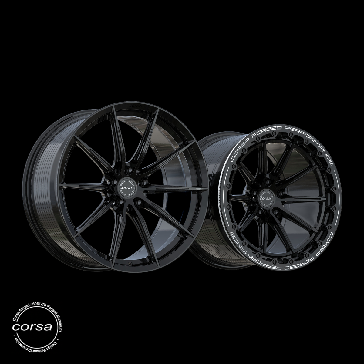 Corsa Forged RS-X Drag Pack forged wheel in Gloss Black / Black Beadlock, staggered set, three quarter view